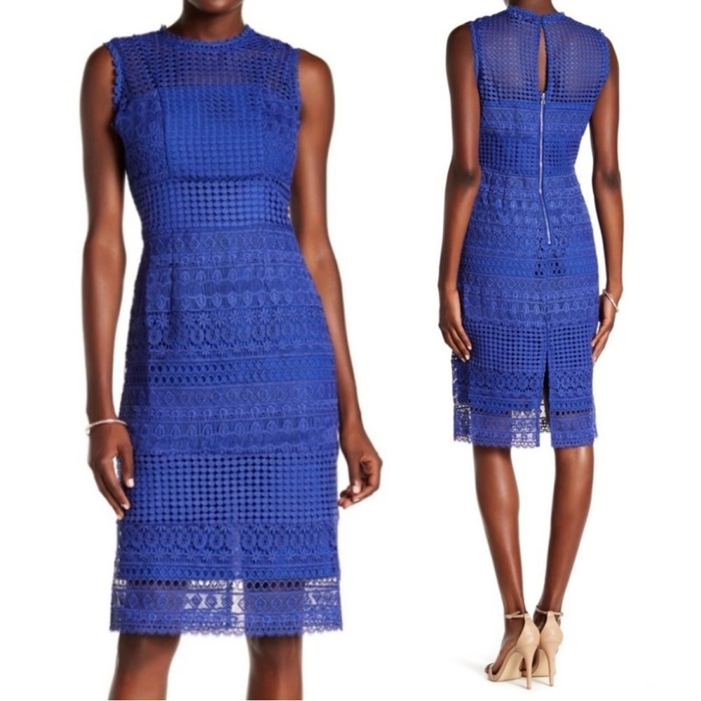 ABS Allen Schwartz Blue Lace Sheath Midi Dress Sleeveless
